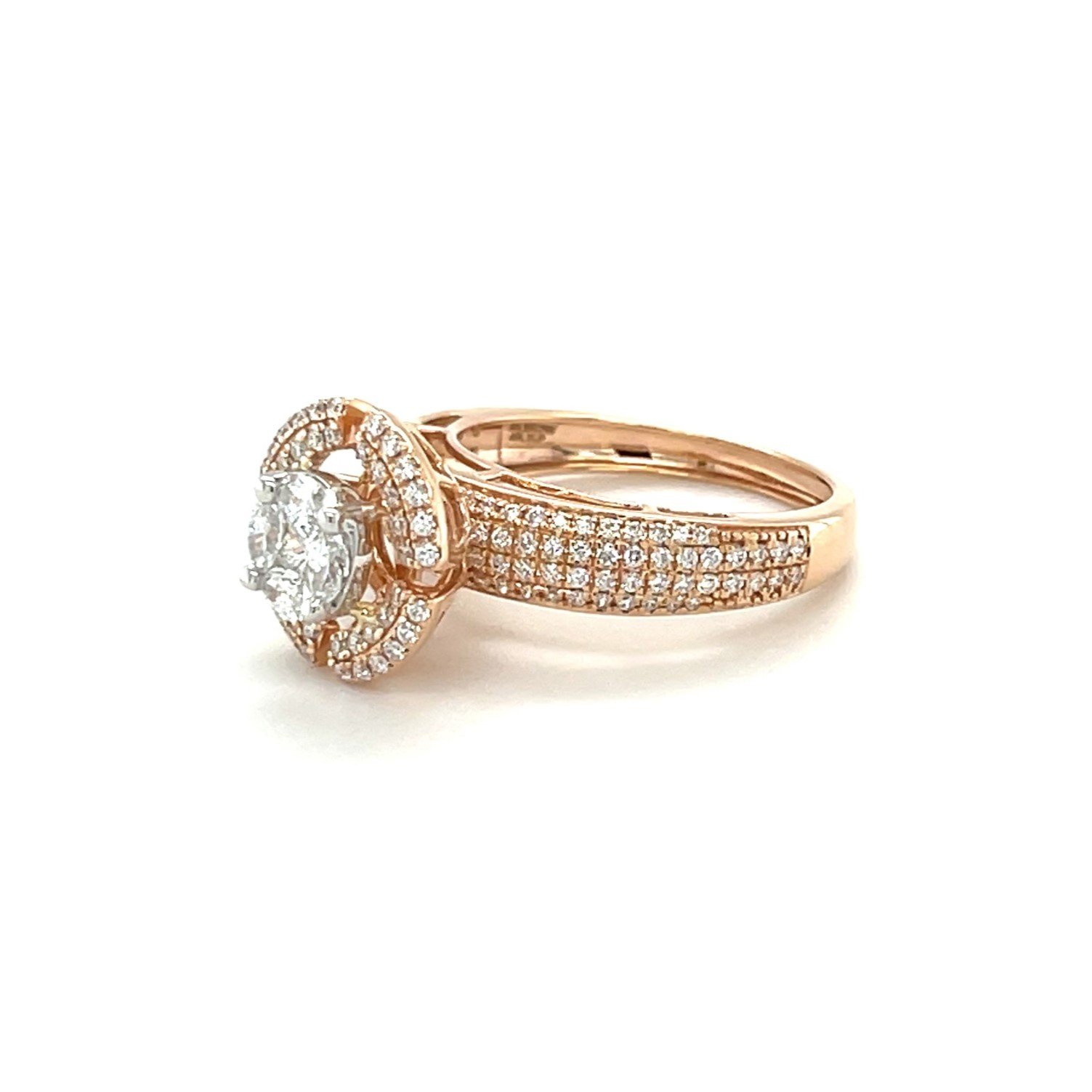 Round Brilliant Cut Diamond Halo Ring with Diamond-Encrusted Band in Rose Gold